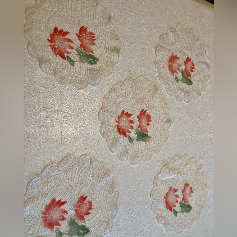 Vintage Set of Embroidered Floral Doilies Cream and Coral 60s 70s
